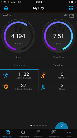 Основное меню приложения Connect Интерфейс приложения Connect для умных часов Garmin Vivoactive HR+