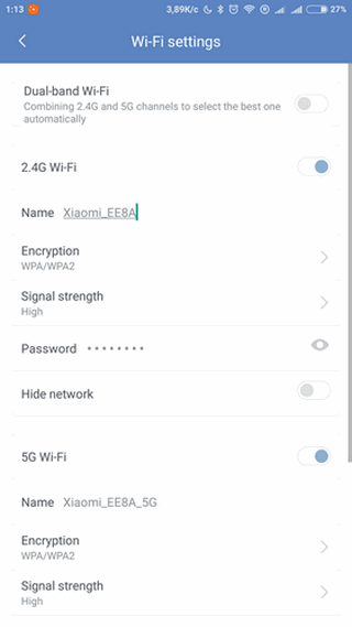 Настройки сети Wi-Fi через мобильное приложение роутера Сяоми Mi Router HD 1 Tb Перечень настроек сети Wi-Fi в мобильном приложении для роутера Сяоми Mi Router HD 1 Tb