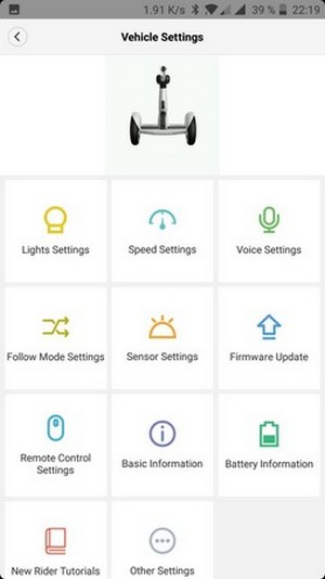 Меню приложения для управления гироскутером Xiaomi Ninebot Mini Plus Внешний вид основного меню для управления гироскутером Xiaomi Ninebot Mini Plus